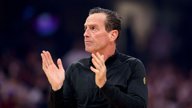 CLEVELAND, OHIO - MAY 23: Head coach Kenny Atkinson of the Cleveland Cavaliers reacts against the New York Knicks during the first quarter in Game Three of the NBA Eastern Conference Finals at Rocket Arena on May 23, 2026 in Cleveland, Ohio.