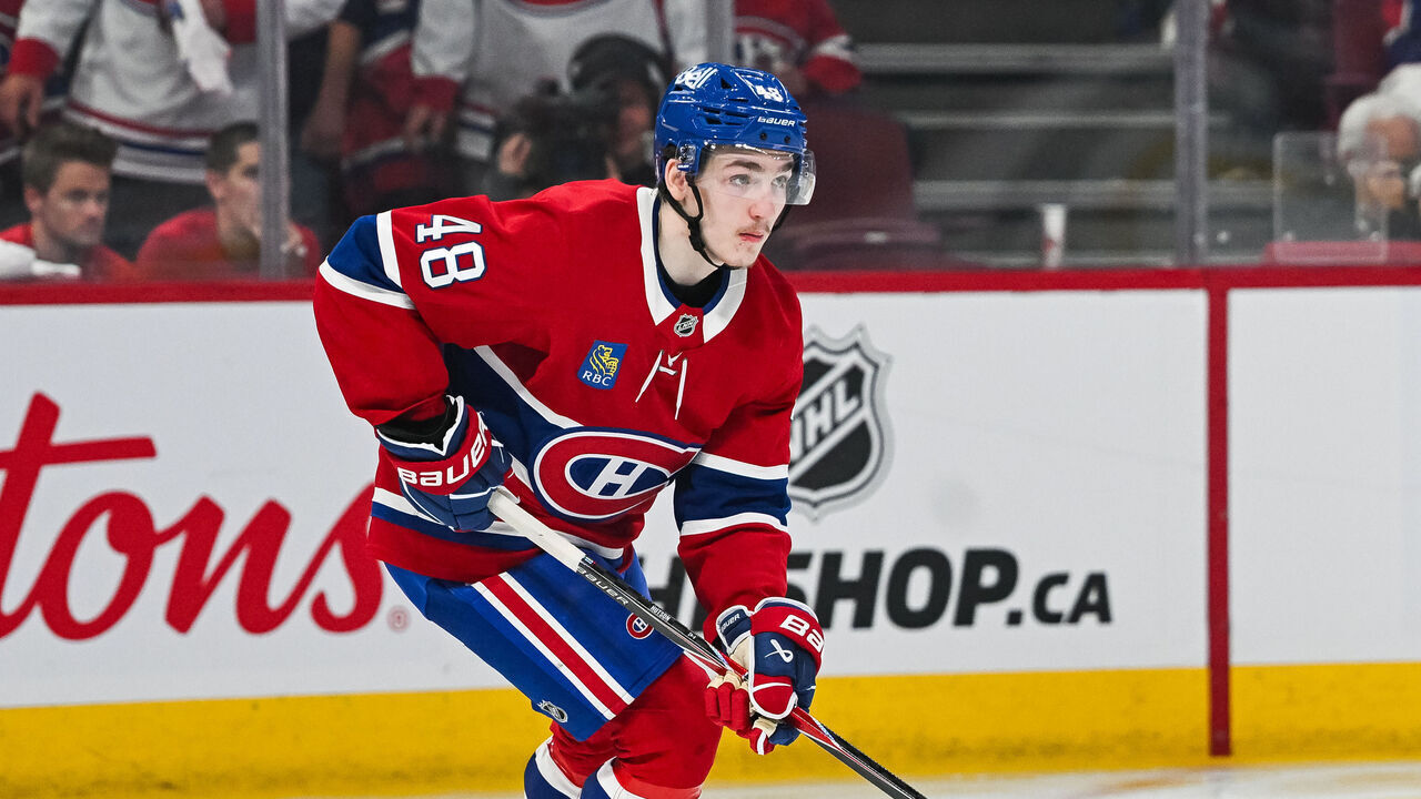 MONTREAL, QC - MAY 25: Montreal Canadiens defenseman Lane Hutson (48) plays the puck during game three of the NHL Stanley Cup Playoffs Eastern Conference Final between the Carolina Hurricanes and the Montreal Canadiens on May 25, 2026, at Bell Centre in Montreal, QC