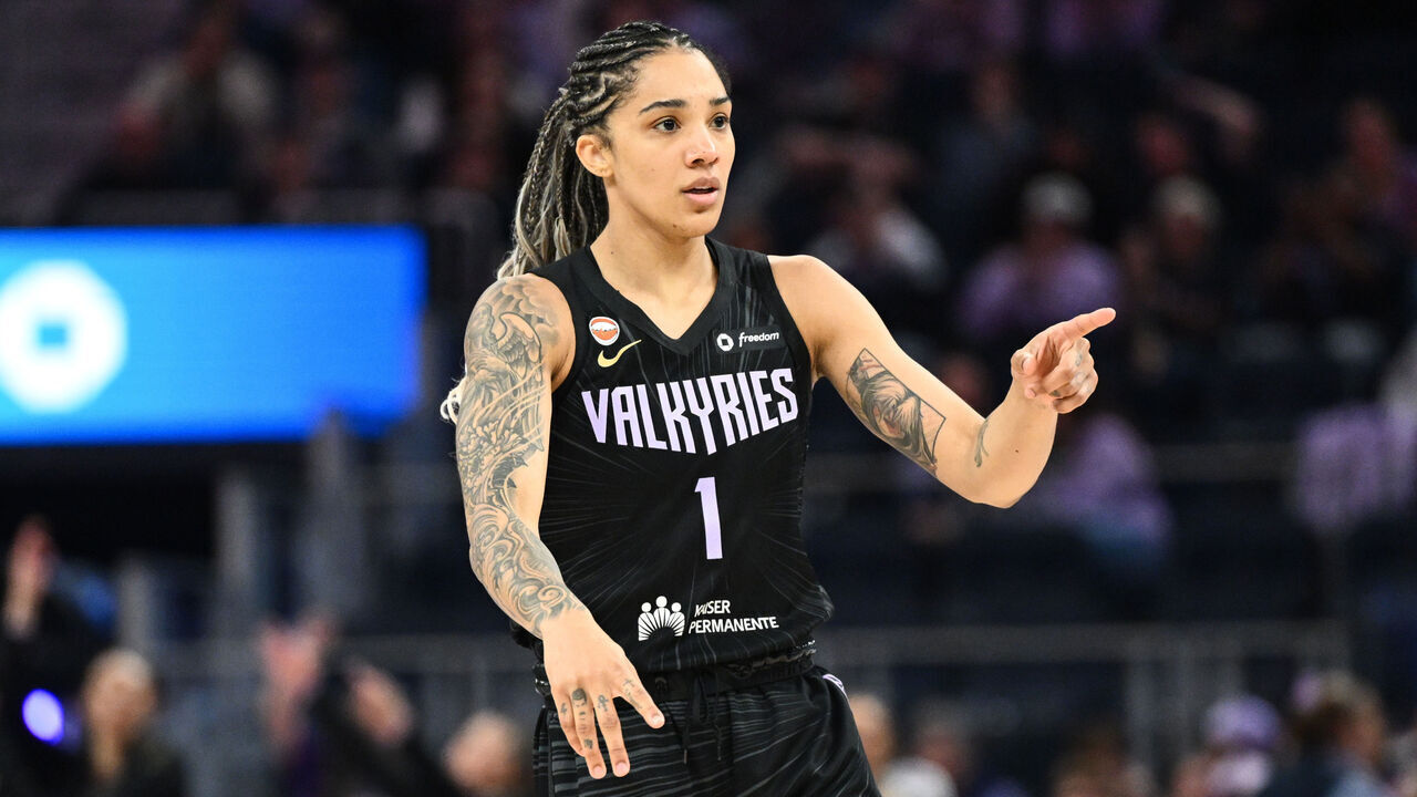 SAN FRANCISCO, CALIFORNIA - MAY 25: Gabby Williams #1 of the Golden State Valkyries reacts after a three point shot against the Connecticut Sun during the second half at Chase Center on May 25, 2026 in San Francisco, California.