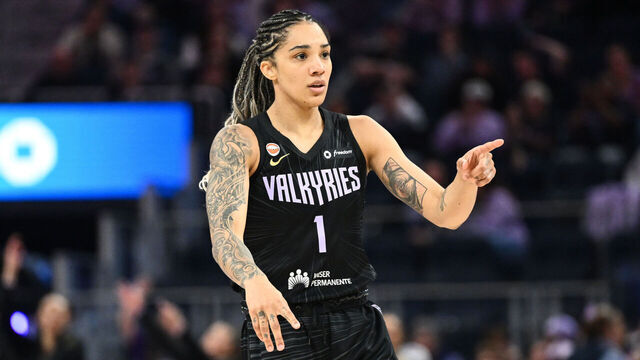 SAN FRANCISCO, CALIFORNIA - MAY 25: Gabby Williams #1 of the Golden State Valkyries reacts after a three point shot against the Connecticut Sun during the second half at Chase Center on May 25, 2026 in San Francisco, California.