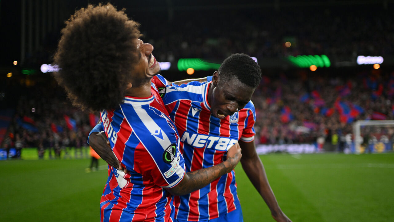 LONDON, ENGLAND - MAY 07: Chris Richards and Ismaila Sarr of Crystal Palace celebrate following their team's victory in the UEFA Europa Conference League match between Crystal Palace FC and FC Shakhtar Donetsk at Selhurst Park on May 07, 2026 in London, England.