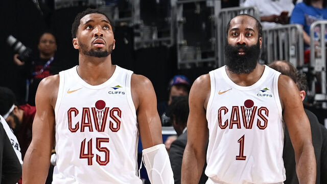 DETROIT, MI - MAY 17: Donovan Mitchell #45 and James Harden #1 of the Cleveland Cavaliers looks on during the game against the Detroit Pistons during Round Two Game Seven of the 2026 NBA Playoffs on May 17, 2026 at Little Caesars Arena in Detroit, Michigan. NOTE TO USER: User expressly acknowledges and agrees that, by downloading and/or using this photograph, User is consenting to the terms and conditions of the Getty Images License Agreement. Mandatory Copyright Notice: Copyright 2026 NBAE