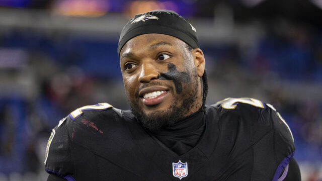 BALTIMORE, MARYLAND - DECEMBER 21: Derrick Henry #22 of the Baltimore Ravens reacts following an NFL football game against the New England Patriots at M&T Bank Stadium on December 21, 2025 in Baltimore, Maryland.