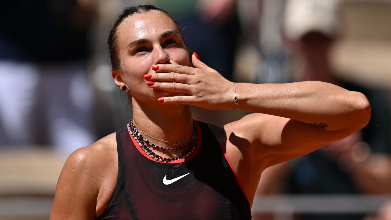 PARIS, FRANCE - MAY 26: Aryna Sabalenka celebrates after winning against Jessica Bouzas Maneiro (not seen) of Spain in the Women's Singles first round match during Day Three of the 2026 French Open at Roland Garros on May 26, 2026 in Paris, France.