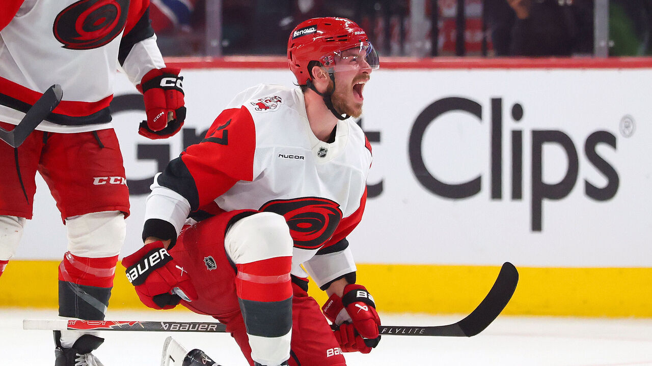 MONTREAL, CANADA - MAY 25: Andrei Svechnikov #37 of the Carolina Hurricanes celebrates after scoring the game-winning goal against the Montréal Canadiens during overtime in Game Three of the Eastern Conference Final of the 2026 Stanley Cup Playoffs at Bell Centre on May 25, 2026 in Montreal, Quebec, Canada.