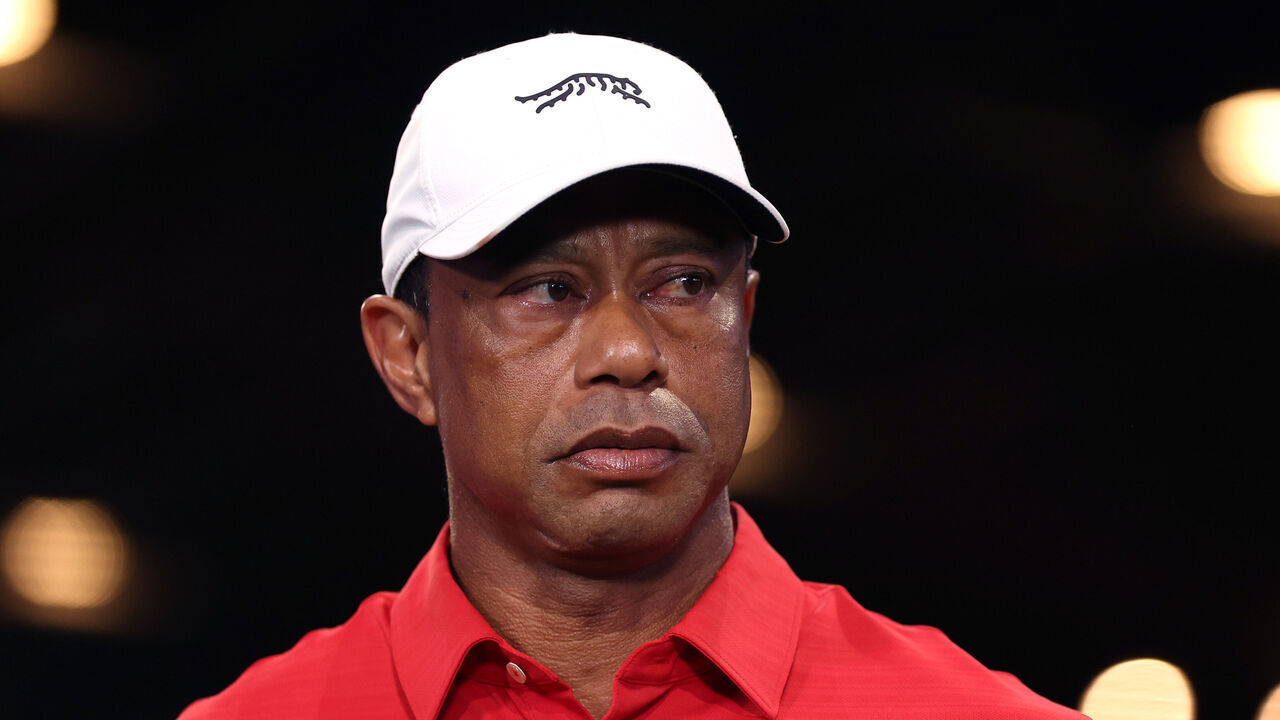 PALM BEACH GARDENS, FLORIDA - MARCH 24: Tiger Woods of Jupiter Links Golf Club looks on after the match against the Los Angeles Golf Club at SoFi Center on March 24, 2026 in Palm Beach Gardens, Florida.