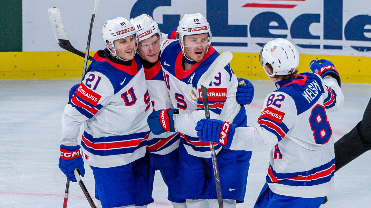 ZURICH, SWITZERLAND - MAY 23: Matthew Tkachuk #19 of United States celebrates his goal with teammates during the 2026 IIHF Ice Hockey World Championship Switzerland game between Latvia and USA at Swiss Life Arena on May 23, 2026 in Zurich, Switzerland.