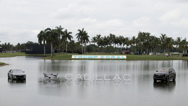 DORAL, FLORIDA - MAY 03: Cadillac Championship Signs and vehicles are pictured near the 18th hole tee during the final round of the Cadillac Championship 2026 at Trump National Doral Miami on May 3, 2026 in Doral, Florida.