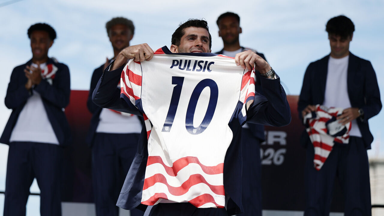 NEW YORK, NEW YORK - MAY 26: Christian Pulisic, player of United States, poses with his jersey during the United States World Cup roster reveal on May 26, 2026 in New York City.