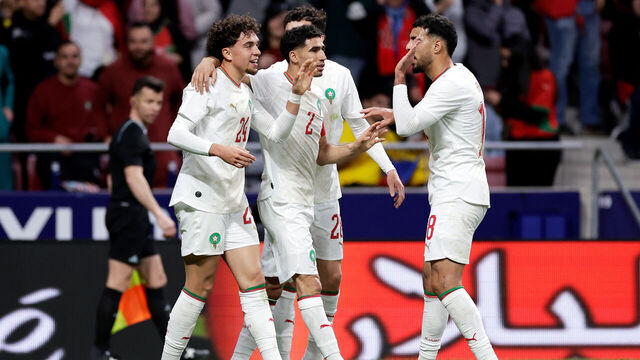 MADRID, SPAIN - MARCH 27: Neil El Aynaoui of Morocco celebrates 1-1 with Achraf Hakimi of Morocco, Samir El Mourabet of Morocco during the International Friendly match between Morocco v Ecuador at the Riyadh Air Metropolitano on March 27, 2026 in Madrid Spain