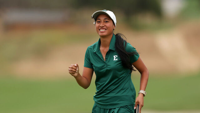 CARLSBAD, CALIFORNIA - MAY 26: Jasmine Leovao of the Eastern Michigan Eagles celebrates on the 5th green at Omni La Costa Resort & Spa on May 26, 2026 in Carlsbad, California.