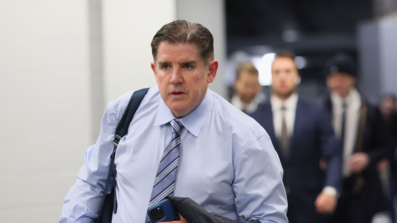 ELMONT, NEW YORK - APRIL 10: Head coach of the New York Rangers Peter Laviolette arrives for the game against the New York Islanders at UBS Arena on April 10, 2025 in Elmont, New York.
