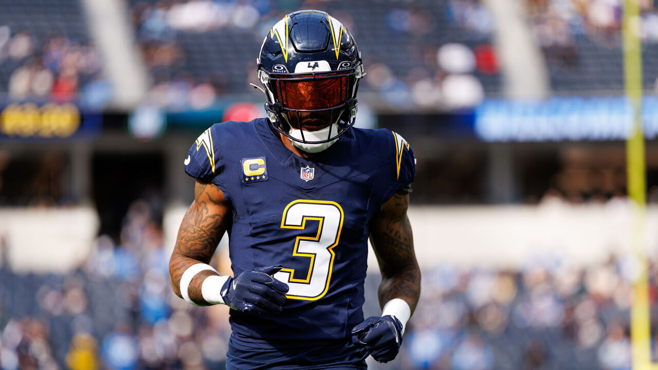 INGLEWOOD, CALIFORNIA - DECEMBER 27: Derwin James Jr. #3 of the Los Angeles Chargers warms up prior to an NFL football game against the Houston Texans at SoFi Stadium on December 27, 2025 in Inglewood, California.