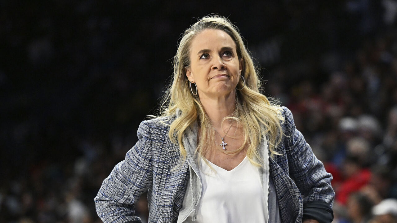 LAS VEGAS, NV - MAY 23: Head coach Becky Hammon of the Las Vegas Aces looks on during the game against the Los Angeles Sparks on May 23, 2026 at Michelob ULTRA Arena in Las Vegas, Nevada. Mandatory Copyright Notice: Copyright 2026 NBAE