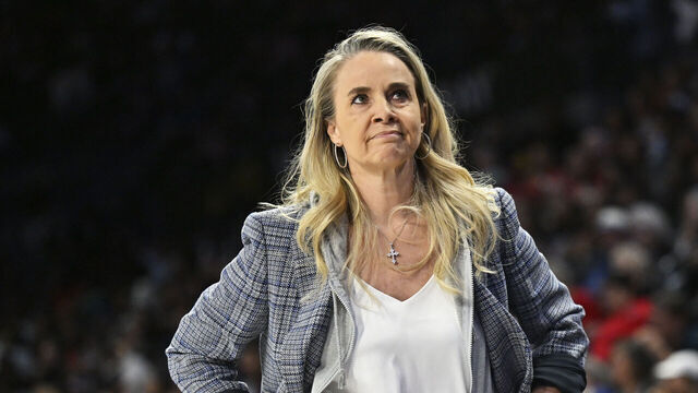 LAS VEGAS, NV - MAY 23: Head coach Becky Hammon of the Las Vegas Aces looks on during the game against the Los Angeles Sparks on May 23, 2026 at Michelob ULTRA Arena in Las Vegas, Nevada. Mandatory Copyright Notice: Copyright 2026 NBAE