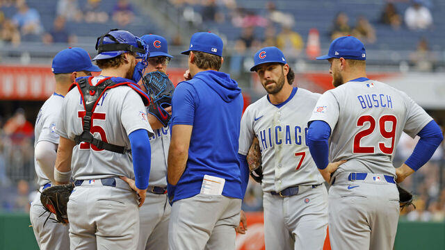 PITTSBURGH, PA - MAY 26: Jordan Wicks #36 of the Chicago Cubs talks with pitching coach Tommy Hottovy #68 in the first inning against the Pittsburgh Pirates at PNC Park on May 26, 2026 in Pittsburgh, Pennsylvania.