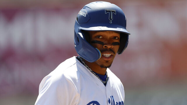 TULSA, OKLAHOMA - APRIL 19: Kendall George #1 of the Tulsa Drillers looks on between pitches during a game against the Arkansas Travelers at ONEOK Field on April 19, 2026 in Tulsa, Oklahoma.