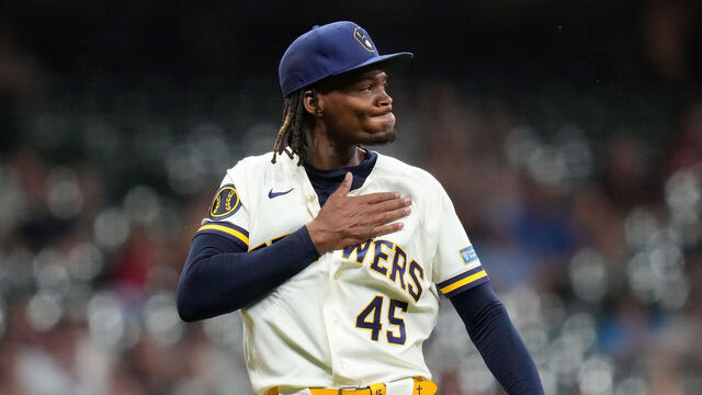 MILWAUKEE, WISCONSIN - MAY 26: Abner Uribe #45 of the Milwaukee Brewers reacts after the third out in the eighth inning against the St. Louis Cardinals at American Family Field on May 26, 2026 in Milwaukee, Wisconsin.