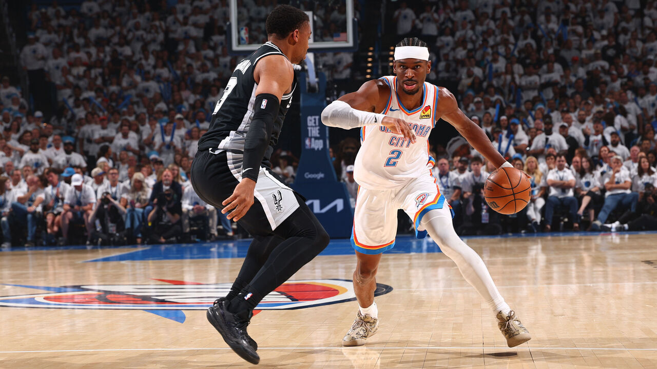 OKLAHOMA CITY, OK - MAY 26: Shai Gilgeous-Alexander #2 of the Oklahoma City Thunder handles the ball during the game against the San Antonio Spurs during Game Five of the NBA Western Conference Finals on May 26, 2026 at Paycom Center in Oklahoma City, Oklahoma. Mandatory Copyright Notice: Copyright 2026 NBAE