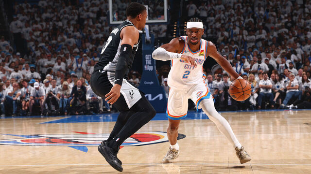 OKLAHOMA CITY, OK - MAY 26: Shai Gilgeous-Alexander #2 of the Oklahoma City Thunder handles the ball during the game against the San Antonio Spurs during Game Five of the NBA Western Conference Finals on May 26, 2026 at Paycom Center in Oklahoma City, Oklahoma. Mandatory Copyright Notice: Copyright 2026 NBAE