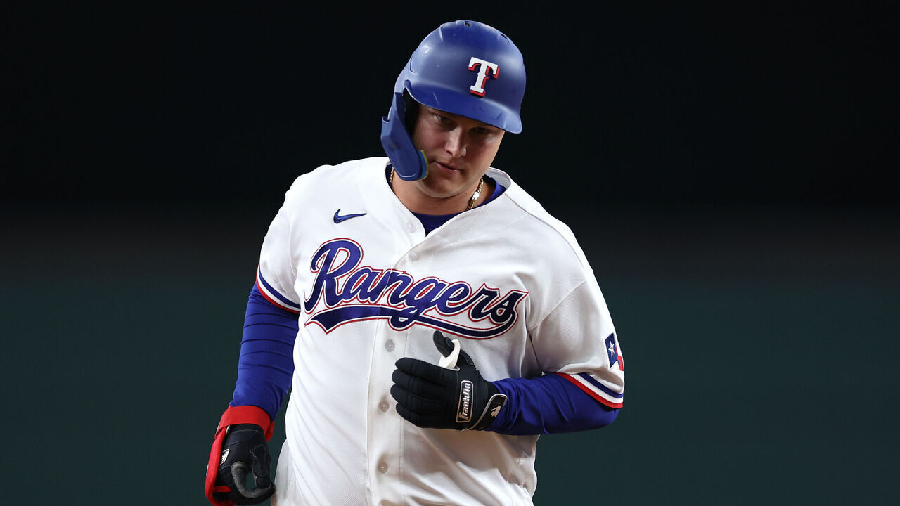 ARLINGTON, TEXAS - MAY 26: Joc Pederson #3 of the Texas Rangers runs the bases on his first inning three-run home run against the Houston Astros at Globe Life Field on May 26, 2026 in Arlington, Texas.