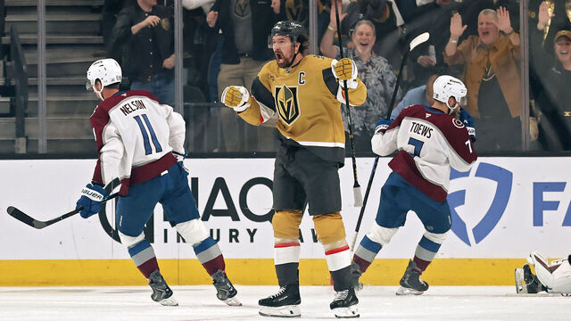 LAS VEGAS, NEVADA - MAY 26: Mark Stone #61 of the Vegas Golden Knights celebrates after scoring a goal during the first period against the Colorado Avalanche in Game Four of the Western Conference Final of the 2026 Stanley Cup Playoffs at T-Mobile Arena on May 26, 2026 in Las Vegas, Nevada.