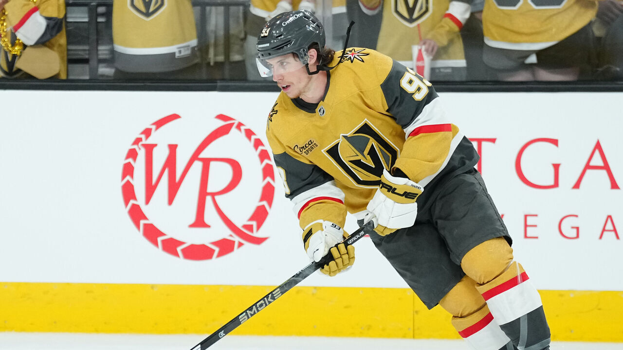 LAS VEGAS, NEVADA - MAY 24: Mitch Marner #93 of the Vegas Golden Knights warms up prior to Game Three of the Western Conference Final of the 2026 Stanley Cup Playoffs against the Colorado Avalanche at T-Mobile Arena on May 24, 2026 in Las Vegas, Nevada.