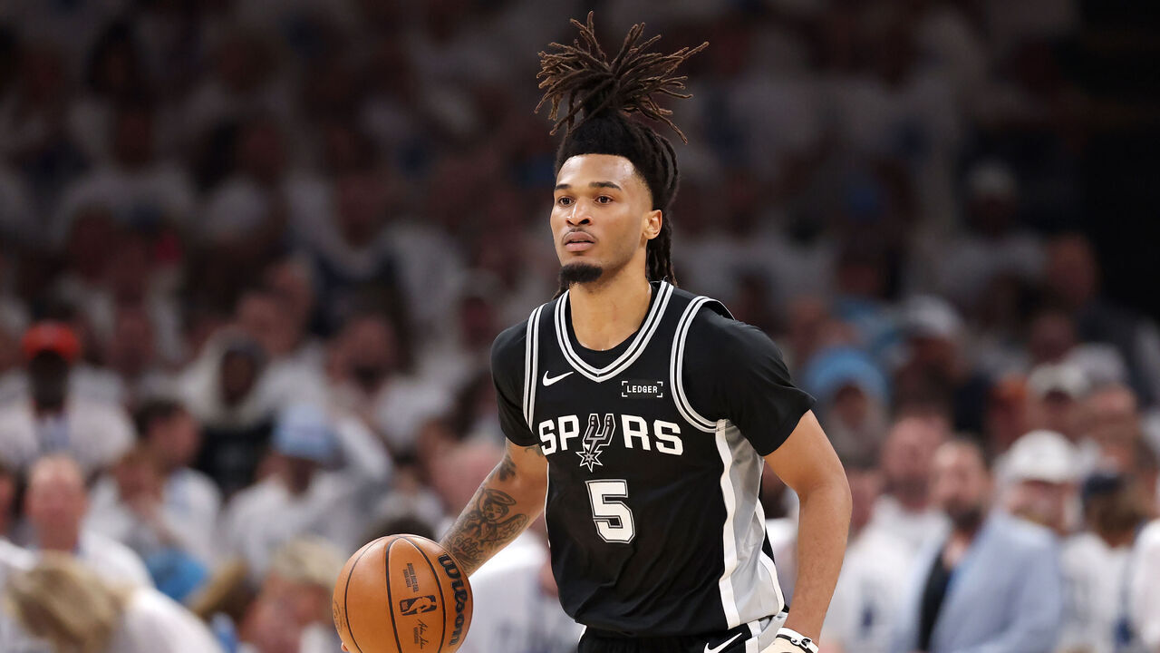 OKLAHOMA CITY, OKLAHOMA - MAY 26: Stephon Castle #5 of the San Antonio Spurs looks on during the second quarter of a game against the Oklahoma City Thunder in Game Five of the NBA Western Conference Finals at Paycom Center on May 26, 2026 in Oklahoma City, Oklahoma.