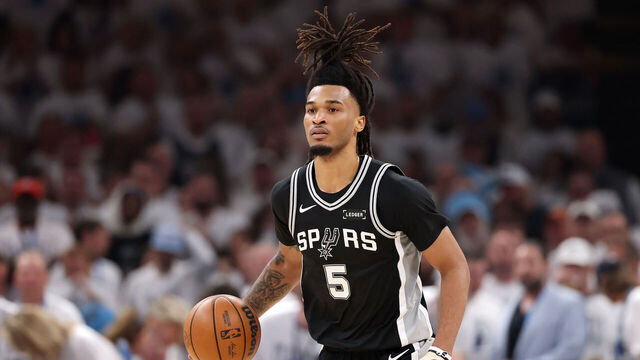 OKLAHOMA CITY, OKLAHOMA - MAY 26: Stephon Castle #5 of the San Antonio Spurs looks on during the second quarter of a game against the Oklahoma City Thunder in Game Five of the NBA Western Conference Finals at Paycom Center on May 26, 2026 in Oklahoma City, Oklahoma.
