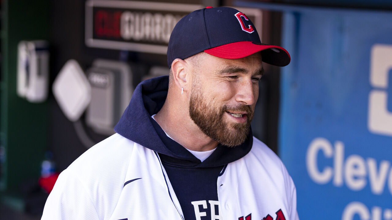 CLEVELAND, OH - APRIL 07: Travis Kelce #87 of the Kansas City Chiefs talks to the media prior to the game between the Seattle Mariners and the Cleveland Guardians at Progressive Field on Friday, April 7, 2023 in Cleveland, Ohio.