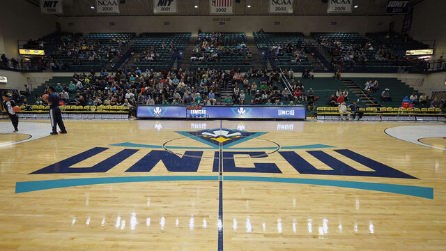 WILMINGTON, NC - JANUARY 02: A general view of the UNCW logo at center court during a game between the Northeastern Huskies and the North Carolina-Wilmington Seahawks at Trask Coliseum on January 2, 2016 in Wilmington, North Carolina. Northeastern defeated UNC Wilmington 65-63.
