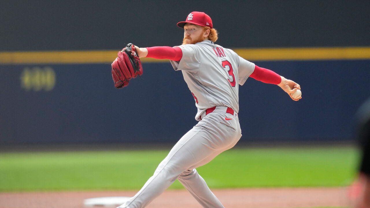 MILWAUKEE, WISCONSIN - MAY 27: Dustin May #3 of the St. Louis Cardinals throws a pitch in the first inning against the Milwaukee Brewers at American Family Field on May 27, 2026 in Milwaukee, Wisconsin.