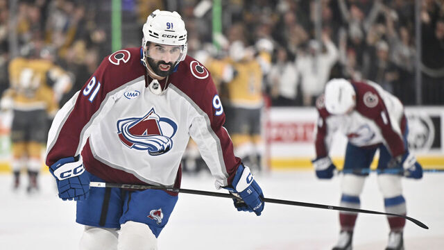 LAS VEGAS, NEVADA - MAY 26: Nazem Kadri #91 of the Colorado Avalanche reacts after a 2-1 loss against the Vegas Golden Knights in Game Four of the Western Conference Final of the 2026 Stanley Cup Playoffs at T-Mobile Arena on May 26, 2026 in Las Vegas, Nevada.