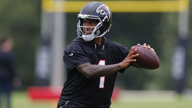 FLOWERY BRANCH, GEORGIA - MAY 27: Tua Tagovailoa #1 of the Atlanta Falcons runs through drills during OTA's at IBM Performance Field on May 27, 2026 in Flowery Branch, Georgia.