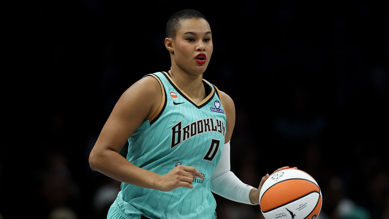 NEW YORK, NY - MAY 21: Satou Sabally #0 of the New York Liberty dribbles during the first half against the Golden State Valkyries at Barclays Center on May 21, 2026 in New York City.