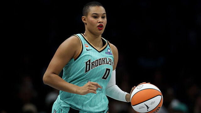 NEW YORK, NY - MAY 21: Satou Sabally #0 of the New York Liberty dribbles during the first half against the Golden State Valkyries at Barclays Center on May 21, 2026 in New York City.