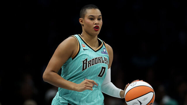 NEW YORK, NY - MAY 21: Satou Sabally #0 of the New York Liberty dribbles during the first half against the Golden State Valkyries at Barclays Center on May 21, 2026 in New York City.