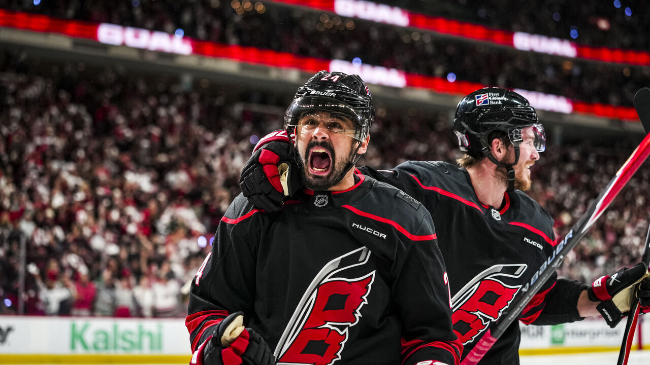 RALEIGH, NORTH CAROLINA - MAY 21: Seth Jarvis #24 of the Carolina Hurricanes celebrates after scoring a goal with teammate Andrei Svechnikov #37 during the first period in Game One of the Eastern Conference Final of the 2026 Stanley Cup Playoffs at Lenovo Center on May 21, 2026 in Raleigh, North Carolina.