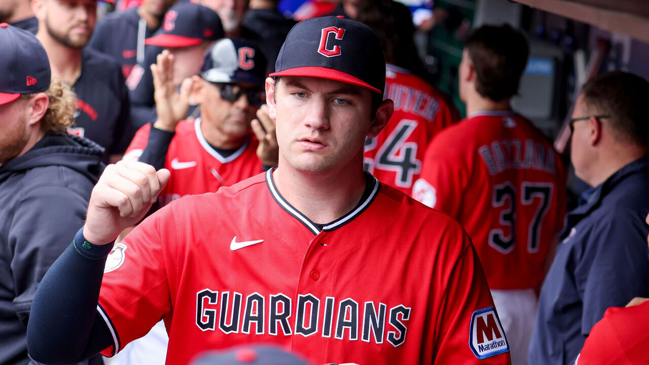 CLEVELAND, OH - MAY 27: Cleveland Guardians starting pitcher Gavin Williams (32) is congratulated in the dugout following the seventh inning of the Major League Baseball interleague game between the Washington Nationals and Cleveland Guardians on May 27, 2026, at Progressive Field in Cleveland, OH.