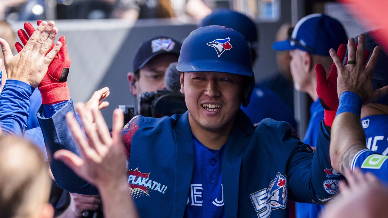 TORONTO, CANADA - MAY 27: Kazuma Okamoto #7 of the Toronto Blue Jays celebrates his home run against the Miami Marlins during the sixth inning in their MLB game at the Rogers Centre on May 27, 2026 in Toronto, Ontario, Canada.