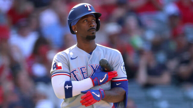 ANAHEIM, CALIFORNIA - MAY 24: Andrew McCutchen #4 of the Texas Rangers looks on after striking out during the third inning against the Los Angeles Angels at Angel Stadium of Anaheim on May 24, 2026 in Anaheim, California.