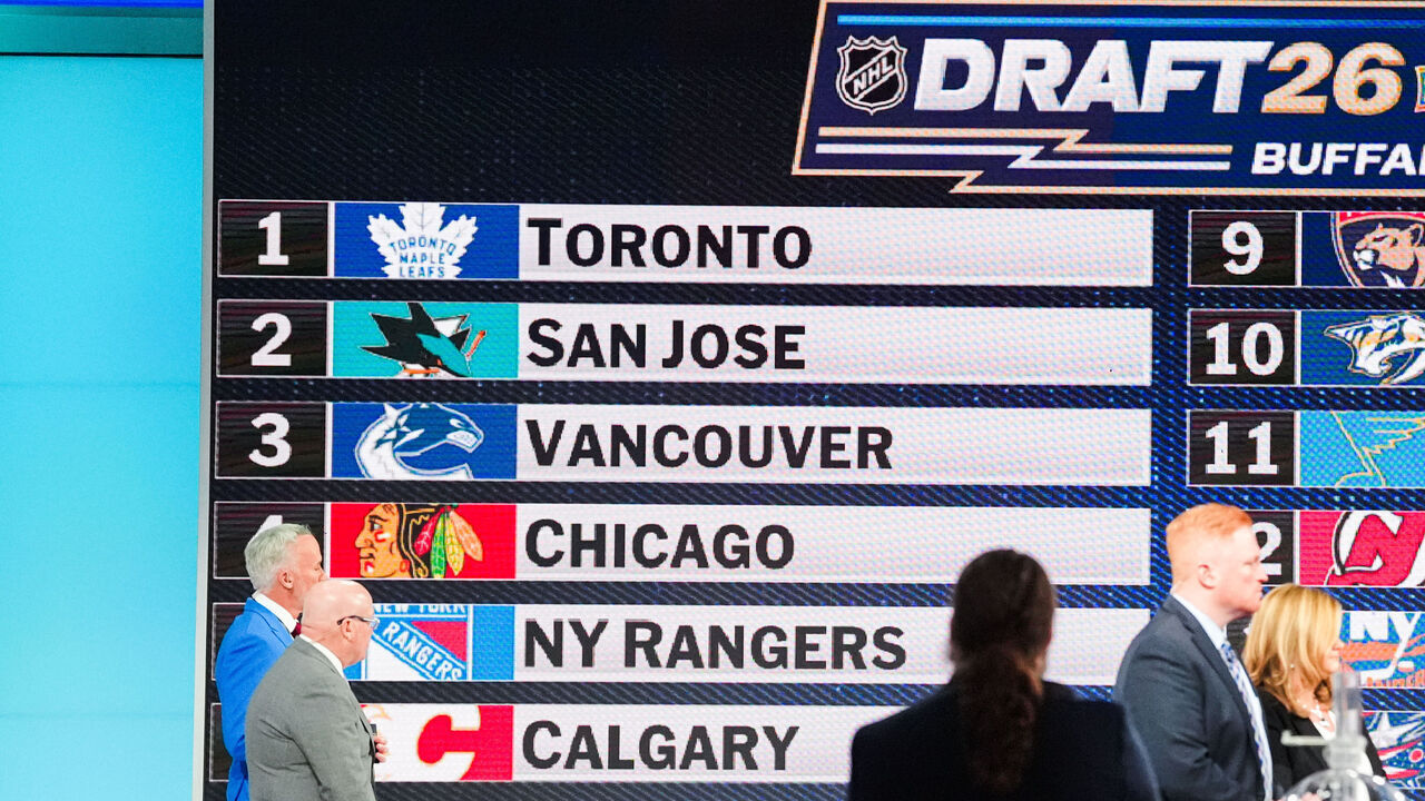 SECAUCUS, NEW JERSEY - MAY 05: The full draft order is displayed during the 2026 NHL Draft Lottery at the NHL Network Studio on May 5, 2026 in Secaucus, New Jersey.