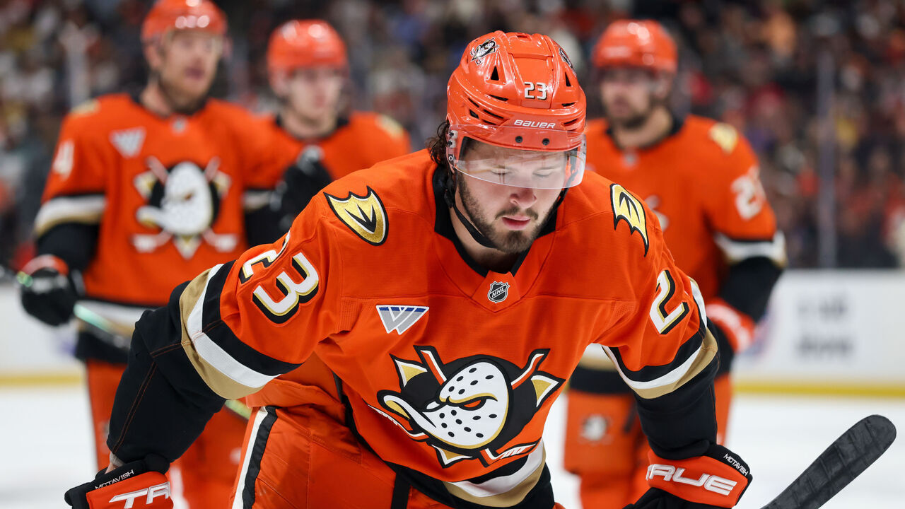 ANAHEIM, CA - MAY 10: Mason McTavish #23 of the Anaheim Ducks looks on during the first period against the Vegas Golden Knights in Game Four of the Second Round of the 2026 Stanley Cup Playoffs at Honda Center on May 10, 2026 in Anaheim, California.