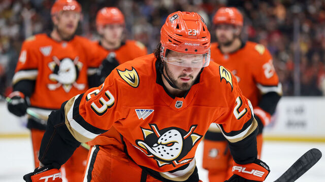 ANAHEIM, CA - MAY 10: Mason McTavish #23 of the Anaheim Ducks looks on during the first period against the Vegas Golden Knights in Game Four of the Second Round of the 2026 Stanley Cup Playoffs at Honda Center on May 10, 2026 in Anaheim, California.