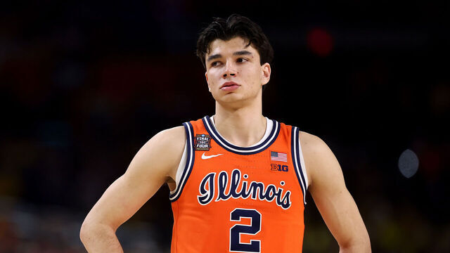 INDIANAPOLIS, INDIANA - APRIL 04: Andrej Stojakovic #2 of the Illinois Fighting Illini looks on while playing against the UConn Huskies in the first half of the Final Four of the 2026 NCAA Men's Basketball Tournament at Lucas Oil Stadium on April 04, 2026 in Indianapolis, Indiana.