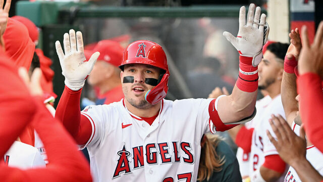 ANAHEIM, CA - MAY 23: Los Angeles Angels center fielder Mike Trout (27) in the dugout after hitting a two run home run during an MLB baseball game against the Texas Rangers played on May 23, 2026 at Angel Stadium in Anaheim, CA.