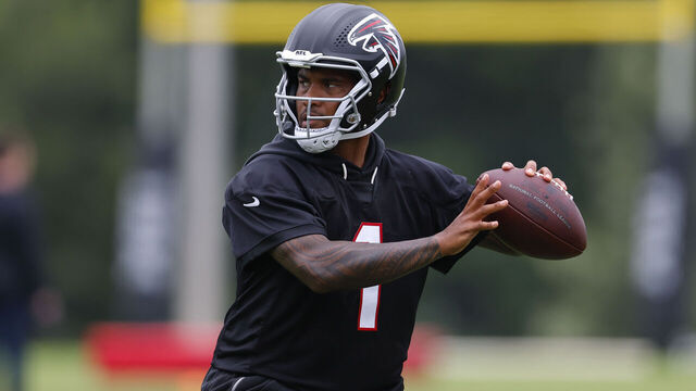 FLOWERY BRANCH, GEORGIA - MAY 27: Tua Tagovailoa #1 of the Atlanta Falcons runs through drills during OTA's at IBM Performance Field on May 27, 2026 in Flowery Branch, Georgia.