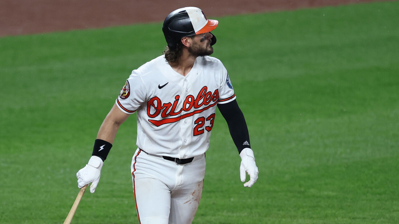 BALTIMORE, MARYLAND - MAY 27: Blaze Alexander #23 of the Baltimore Orioles celebrates after hitting a home run against the Tampa Bay Rays during the seventh inning at Oriole Park at Camden Yards on May 27, 2026 in Baltimore, Maryland.