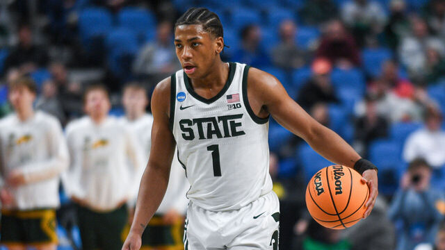 BUFFALO, NEW YORK - MARCH 19: Jeremy Fears Jr. #1 of the Michigan State Spartans dribbles the ball up court during the second half of a 2026 NCAA Men's Basketball Tournament first round game against the North Dakota State Bison at KeyBank Center on March 19, 2026 in Buffalo, New York. The Michigan State Spartans won the game 92-67.