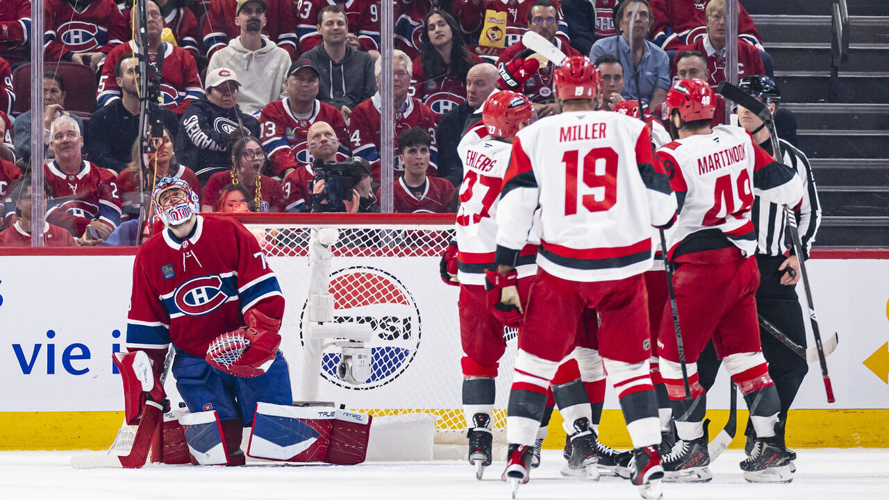 MONTREAL, CANADA- MAY 27: The Carolina Hurricanes celebrate after scoring a goal during the first period of Game Four of the Eastern Conference Final of the 2026 Stanley Cup Playoffs between the Montreal Canadiens and the Carolina Hurricanes at the Bell Centre on May 27, 2026 in Montreal, Quebec, Canada.
